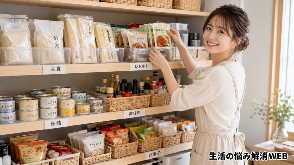 ラベル分けされた棚で、レトルト食品や缶詰を整理する女性