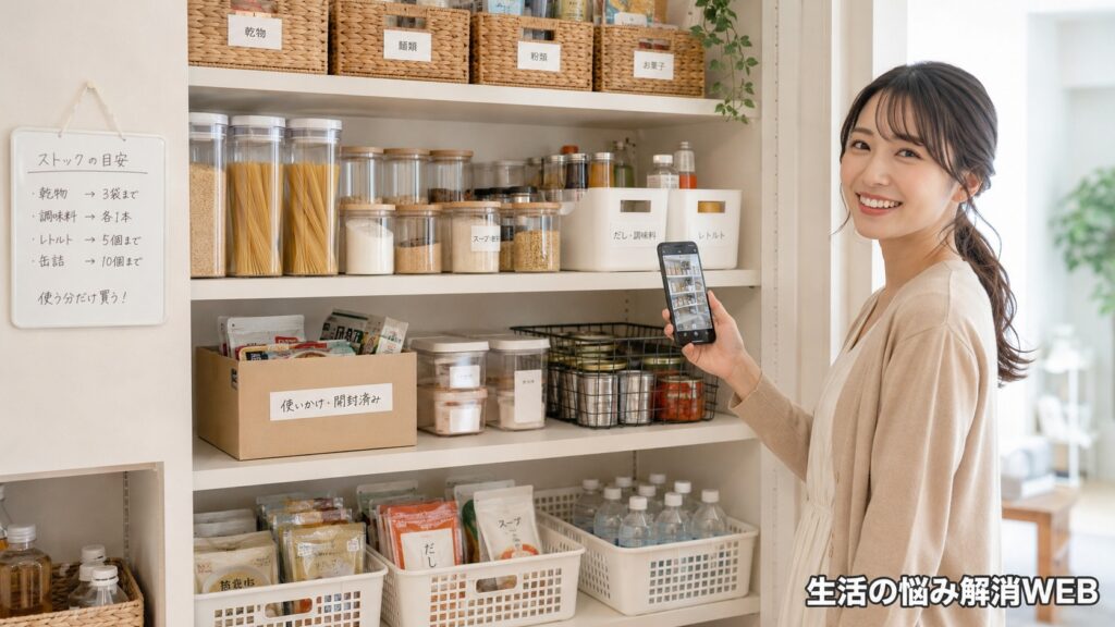 整理整頓されたパントリーの前で、スマホで在庫確認をする笑顔の女性