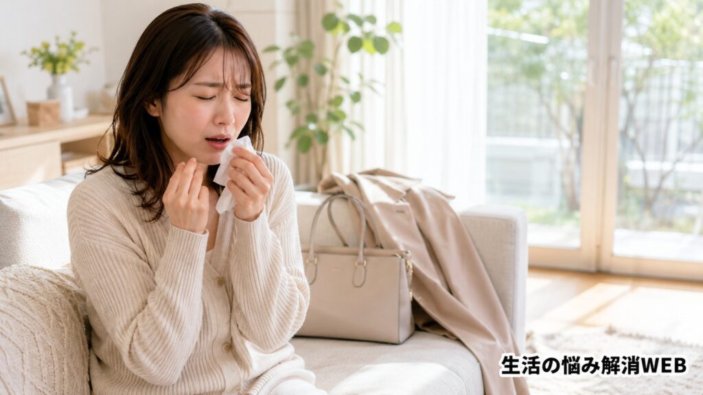 花粉シーズンの室内で、ソファに座った女性がティッシュを手にくしゃみをしている様子