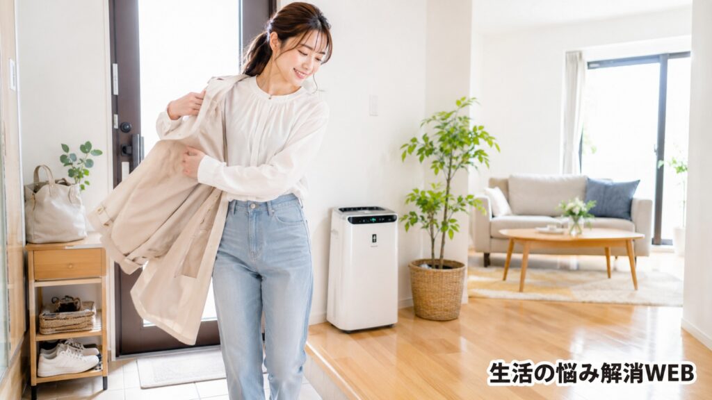 明るい玄関近くで女性が上着を脱ぎ、室内に花粉を持ち込まないよう対策している様子