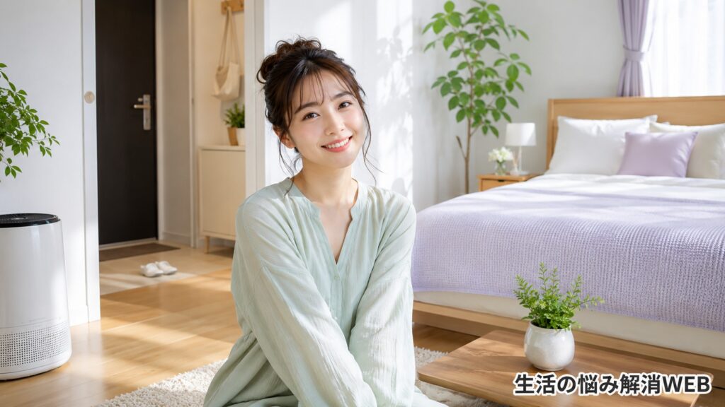 花粉対策後の清潔な寝室で、女性がリラックスして笑顔を見せている様子