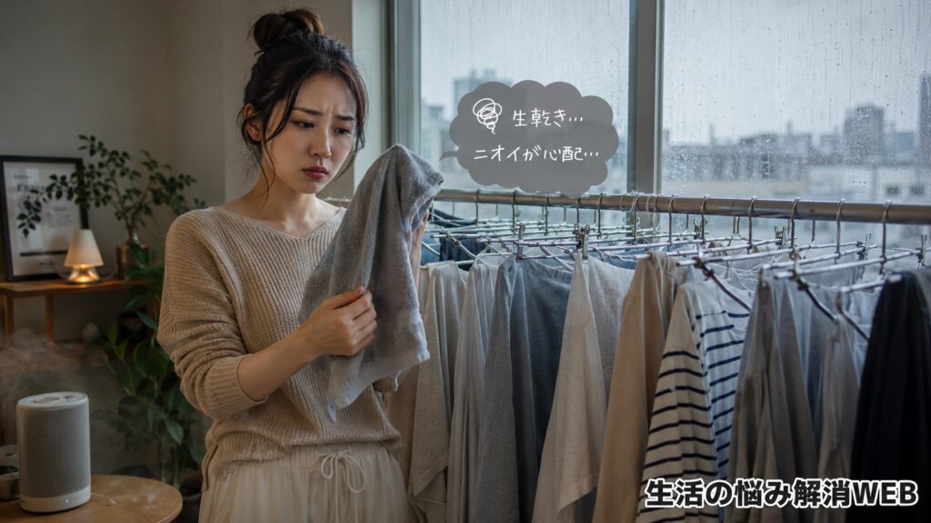 雨の日の室内干しで乾きにくい洗濯物を確認し、生乾き臭を心配する女性