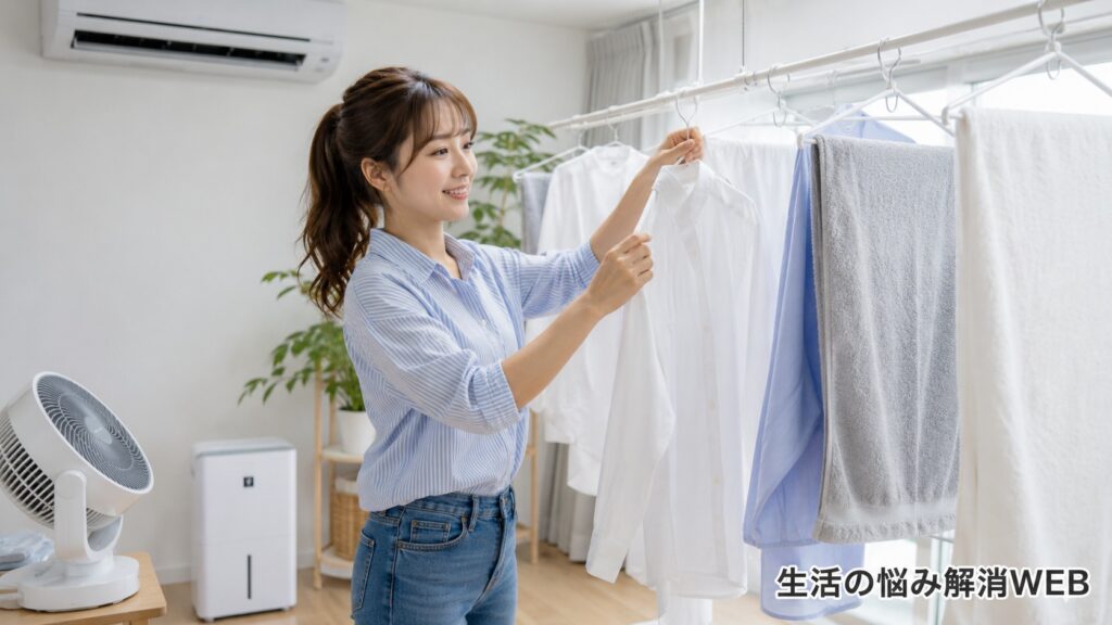 サーキュレーターと除湿機を使い、間隔を空けて室内干しの洗濯物を乾かす女性