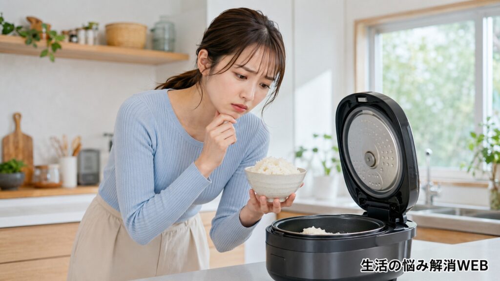 炊飯器で炊いたご飯が固く、女性が茶碗のご飯を見ながら原因を考えている様子