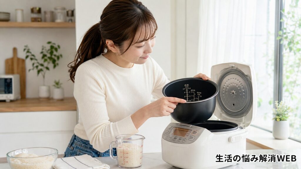 女性が炊飯器の内釜の水位線を確認し、ご飯が固くなる原因を改善しようとしている様子