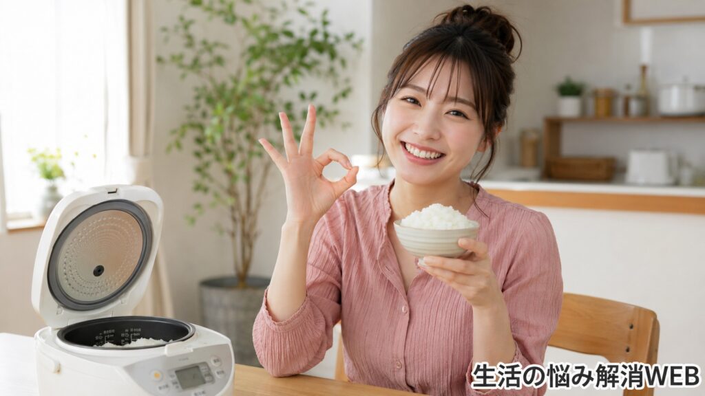 炊飯器でふっくら炊けたご飯を持ち、女性が笑顔でOKサインをしている様子