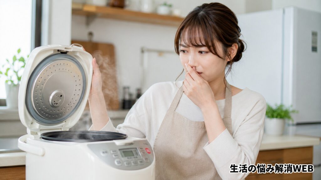 炊飯器のフタを開けて嫌な臭いに気づき、鼻を押さえて困っている女性