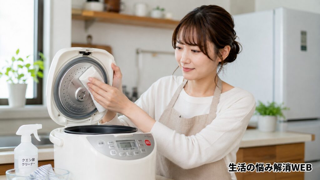 炊飯器の内蓋や蒸気口まわりを布で丁寧に掃除している女性