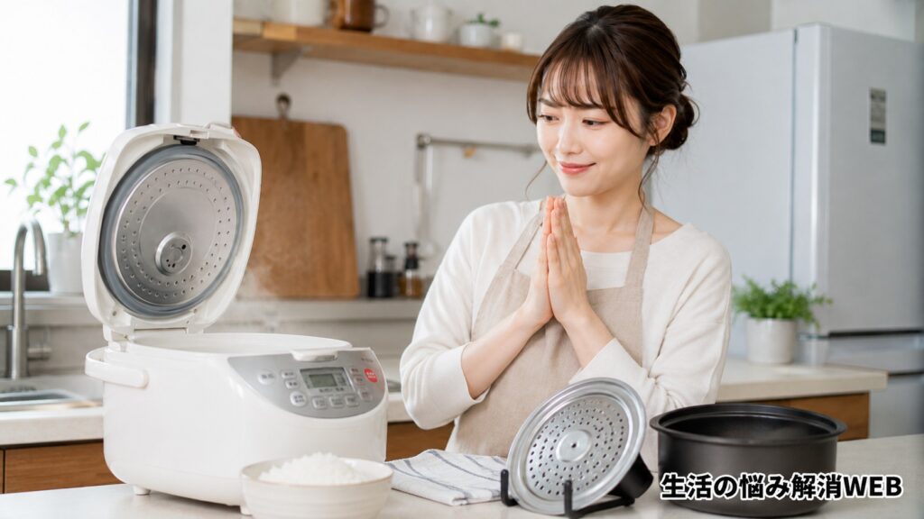 掃除後の清潔な炊飯器と部品を確認し、安心した表情を見せる女性