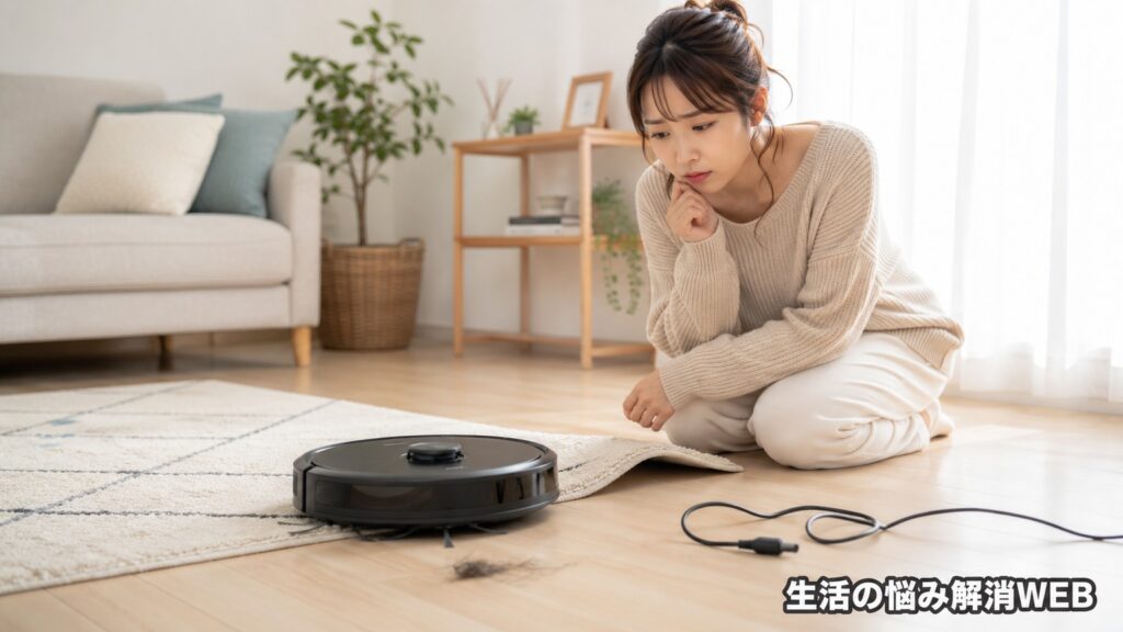 ロボット掃除機がラグやコード付近で止まり、原因を確認している若い女性