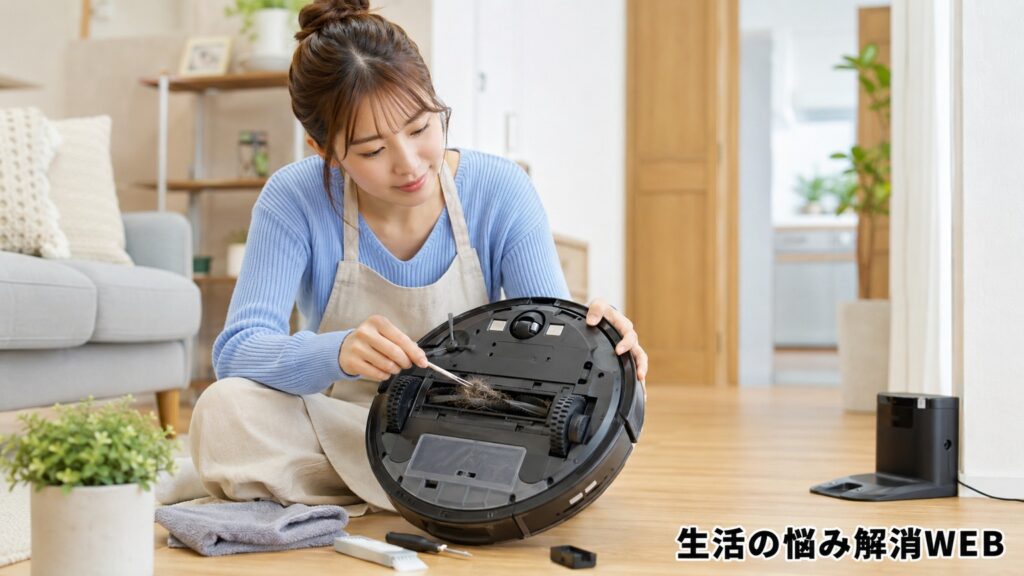ロボット掃除機の裏側を開き、ブラシに絡まった髪の毛やホコリを掃除している若い女性