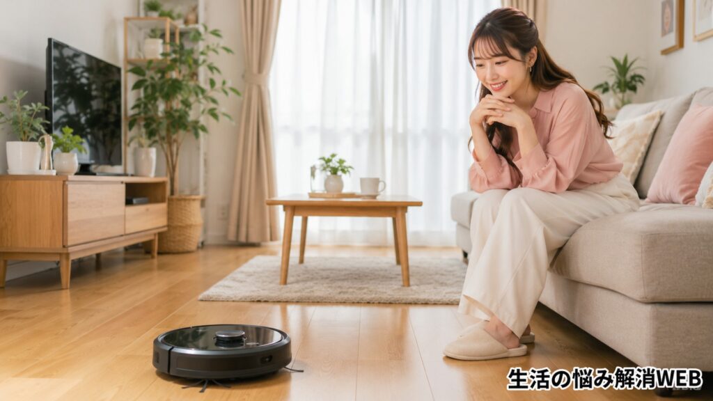 整理されたリビングでロボット掃除機が順調に動き、笑顔で見守る若い女性