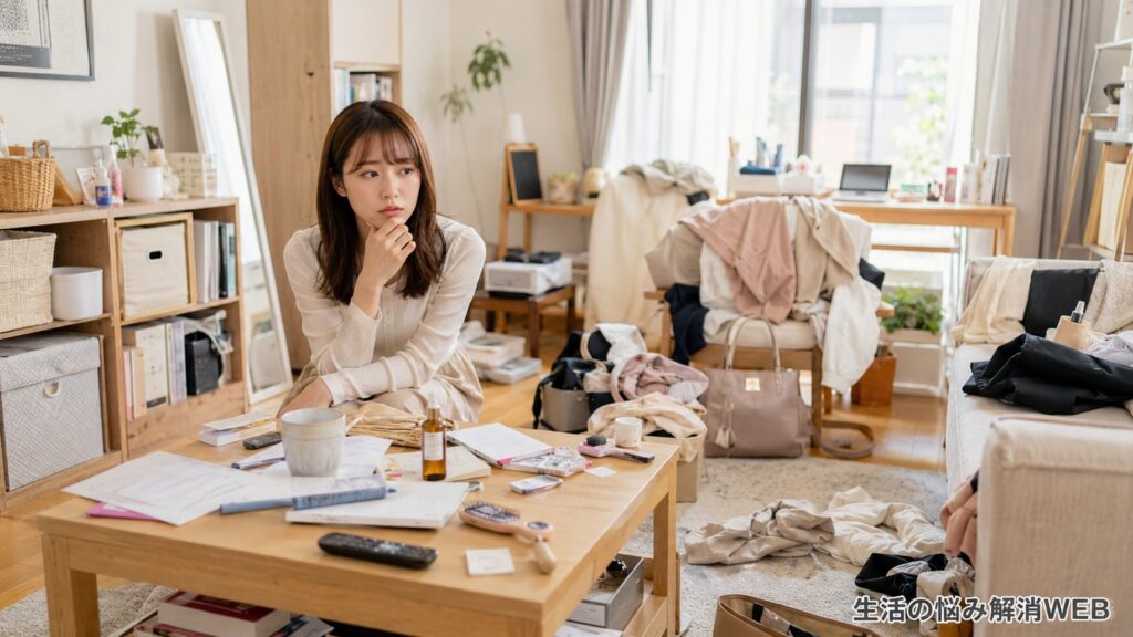 散らかった部屋で、テーブルや床に物が増えて悩む若い女性の様子。