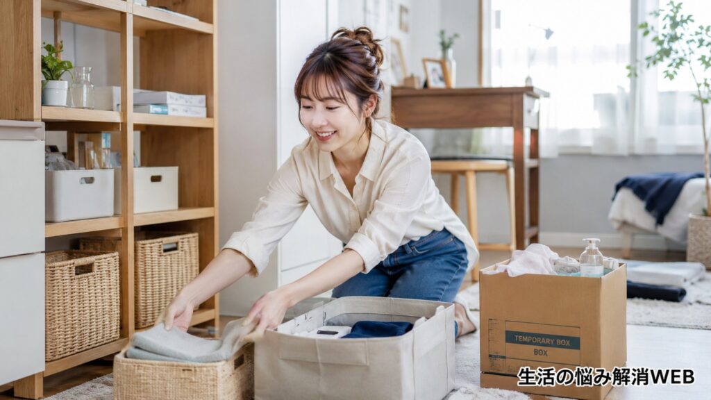 収納ボックスやカゴを使いながら、部屋の物を整理している若い女性の様子。