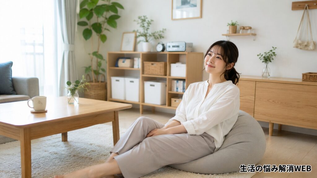 整理された明るいリビングでくつろぐ若い女性の様子。