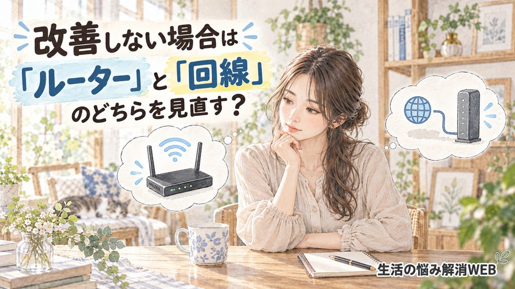 Wi-Fiが改善しないときに、ルーターとインターネット回線のどちらを見直すか考える女性のイラスト