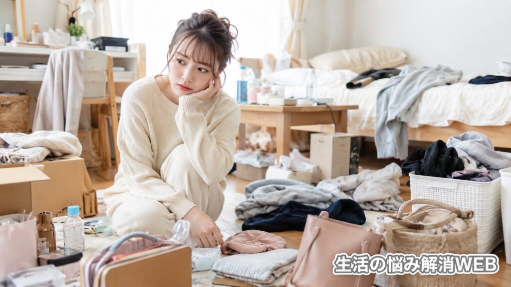 狭いワンルームの床に衣類やバッグ、段ボールが散らかり、片付けに悩む女性