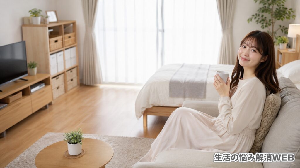 収納を整えた明るいワンルームで、すっきり片付いた部屋にくつろぐ女性