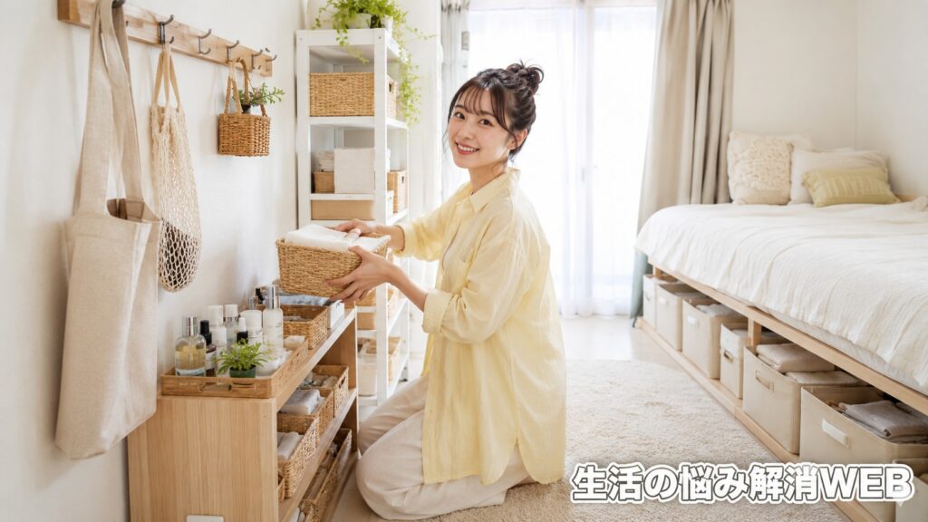 明るいワンルームで、かごや棚を使って小物や衣類を整理整頓する女性