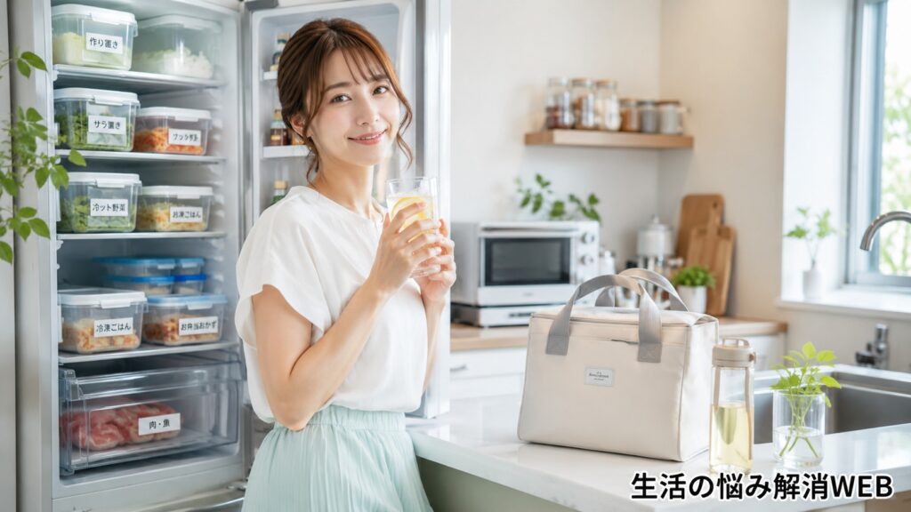 整理された冷蔵庫と保冷バッグのある明るいキッチンで、夏の食品保存を整えて安心した表情を見せる女性