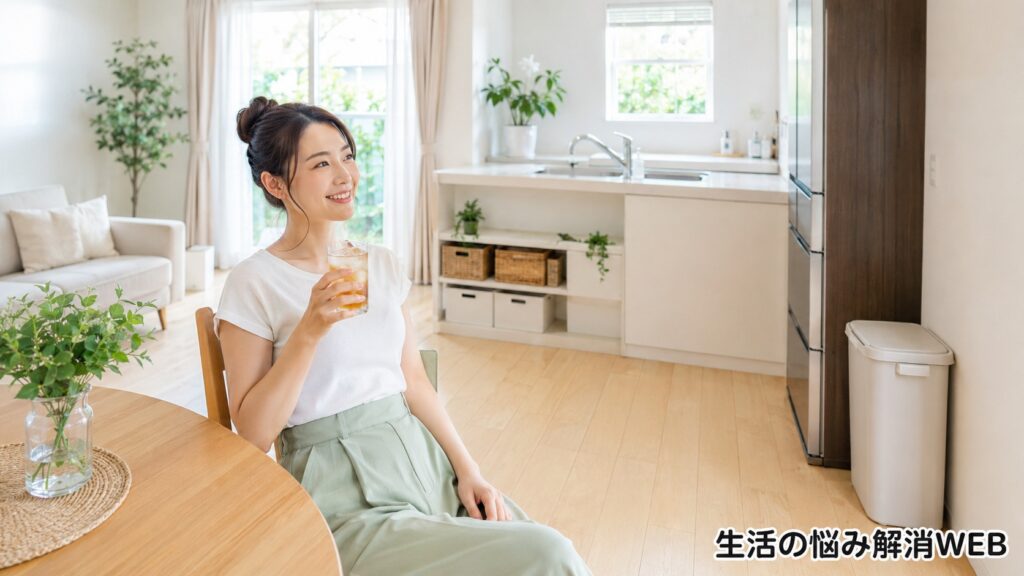 虫対策で清潔に整えた明るいキッチン空間で、安心した表情でくつろぐ女性