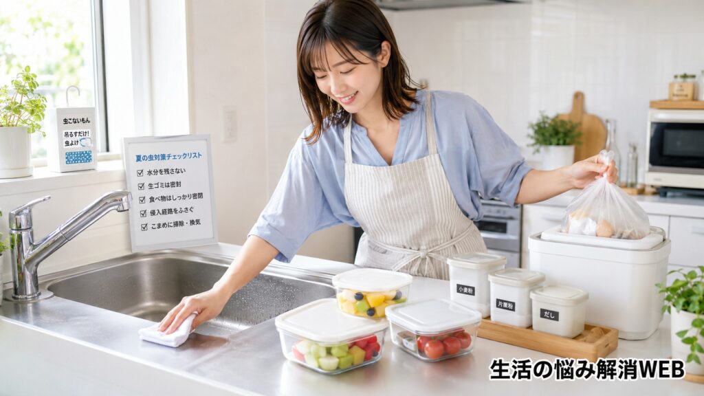 生ゴミの密閉処理やシンク掃除、食品保存を行いながら、夏の虫対策を実践する女性
