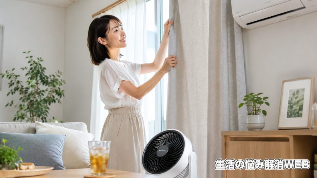 カーテンで日差しを遮り、サーキュレーターとエアコンを使って部屋を涼しく整える女性