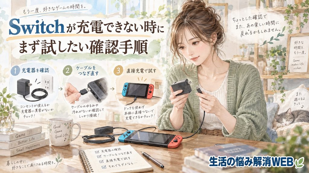 Switchが充電できない時に、充電器やケーブル、直接充電の確認手順を試す女性のイラスト