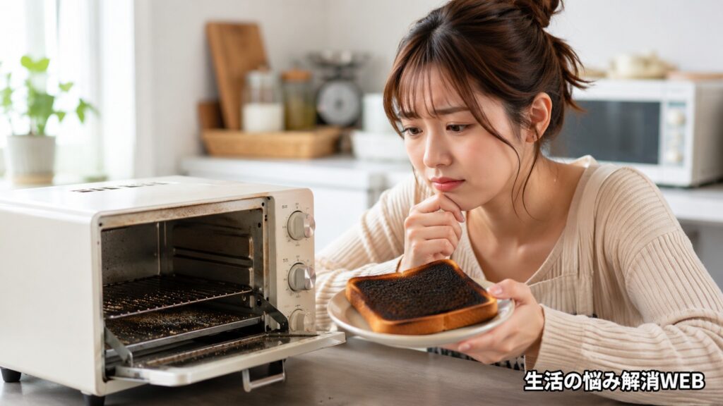 焦げたトーストを見て困っている女性と、パンくずが残ったトースターの様子