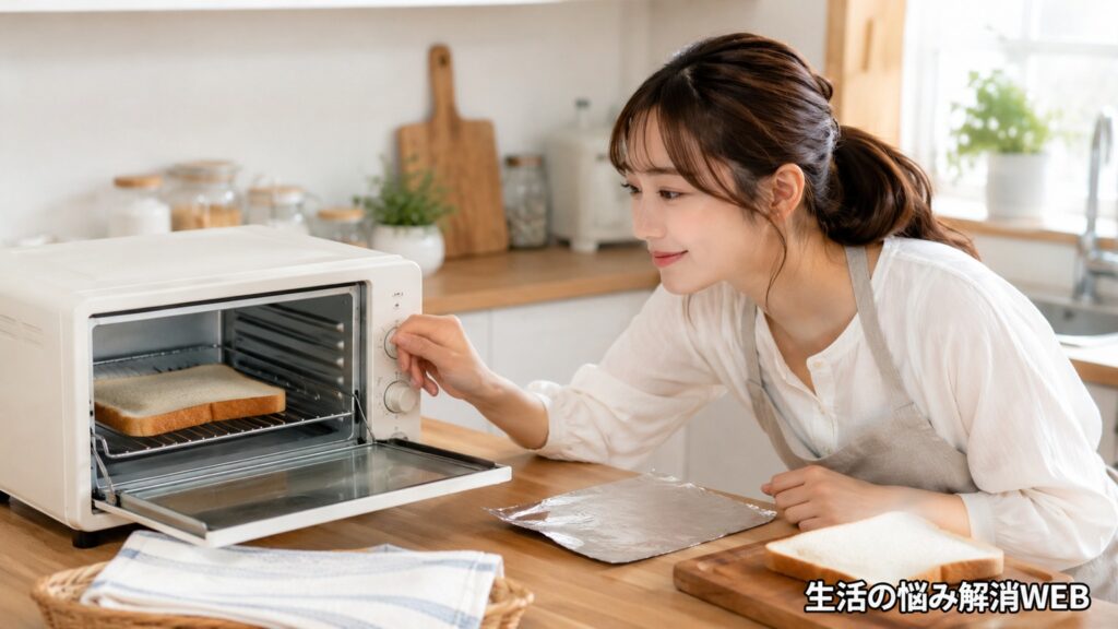 トースターの設定を調整しながら、焦げ対策として食パンを焼く女性