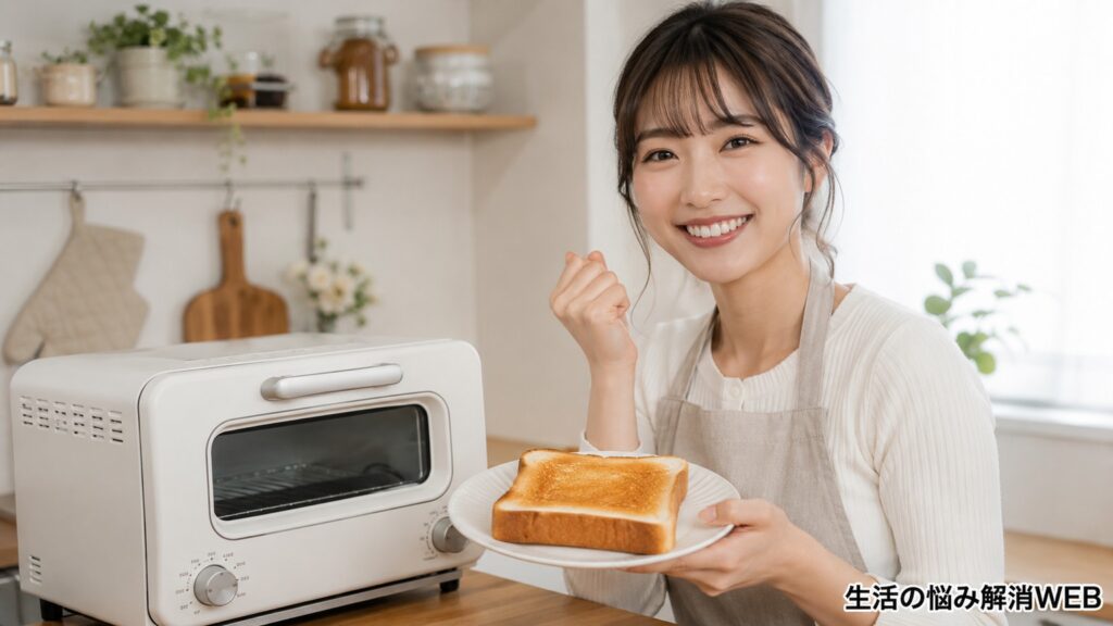 きれいに焼けたトーストを持って笑顔を見せる女性と清潔なトースターの様子