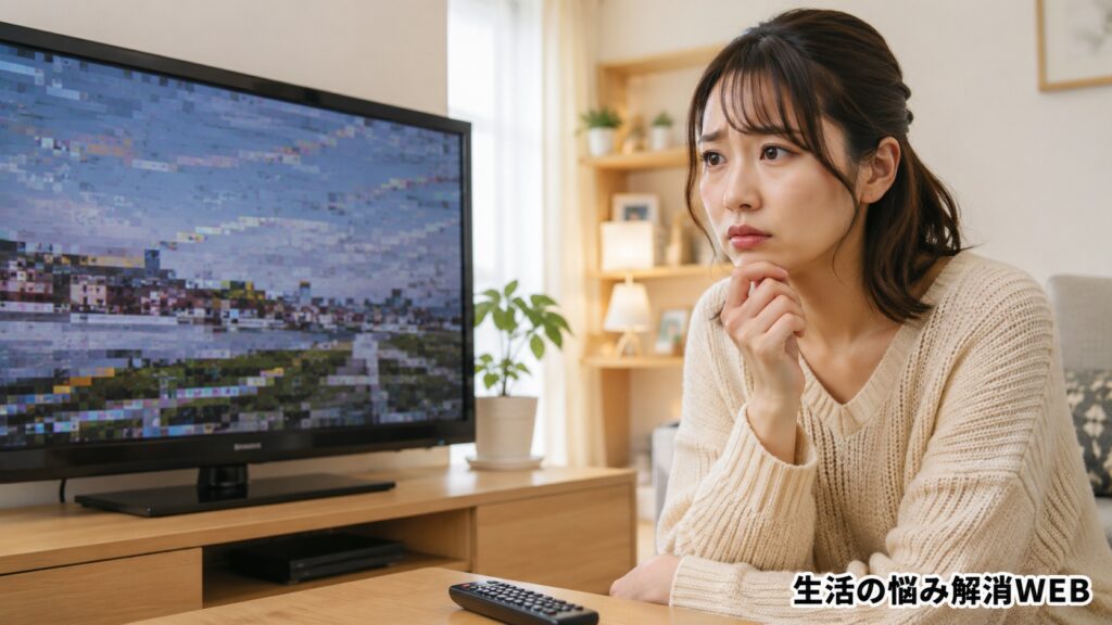 テレビ画面にブロックノイズが出て映りの悪さに困っている女性