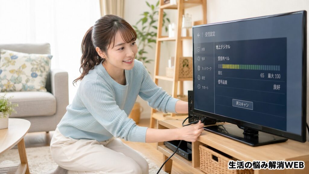 テレビの受信設定画面を確認しながらケーブルを差し直す女性
