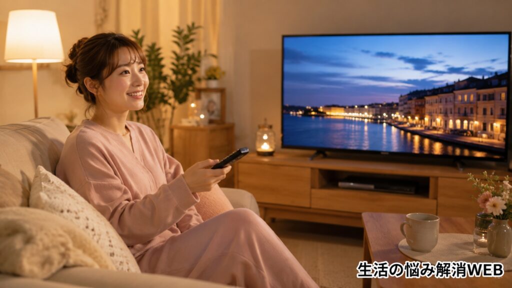 テレビの映りが改善してリビングでくつろぎながら視聴する女性