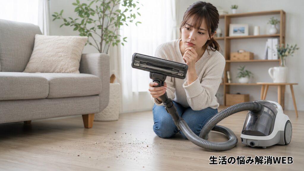 掃除機の吸引力が弱く、女性がヘッド部分を確認しながら原因を考えている様子