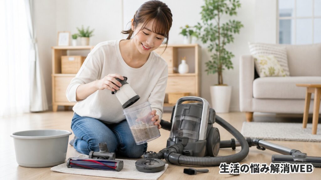 女性が掃除機のフィルターとダストカップを外して掃除し、吸引力低下の対策をしている様子