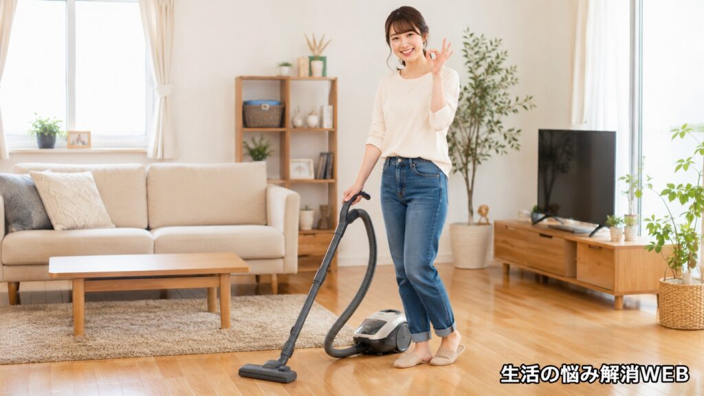 掃除機の吸引力が改善し、女性がリビングで笑顔でOKサインをしている様子