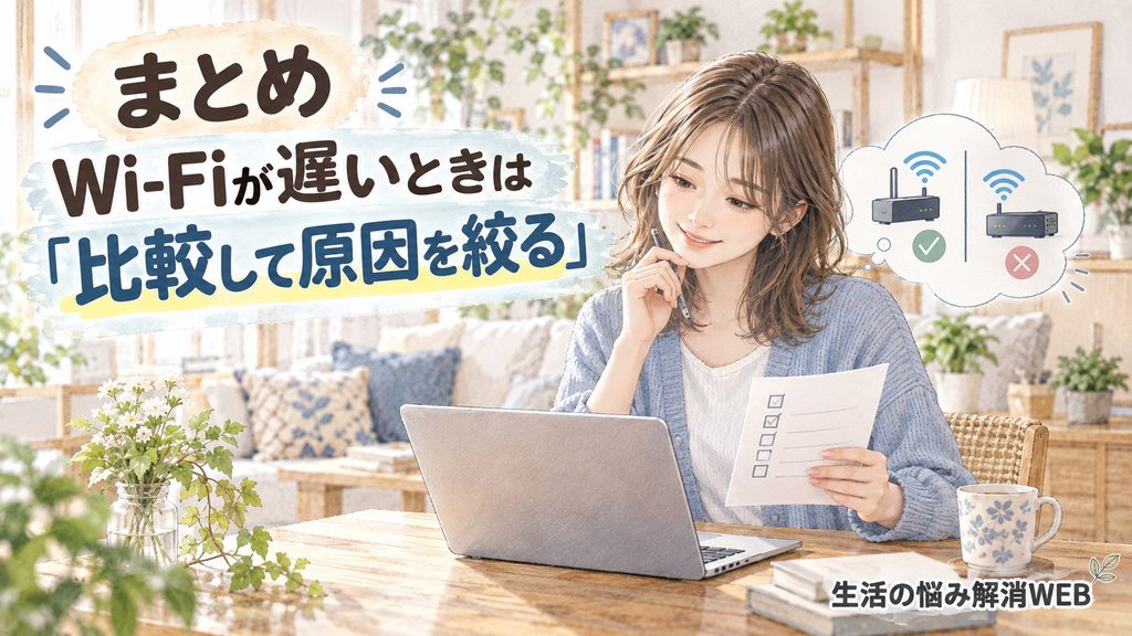 Wi-Fiが遅い原因を端末・場所・時間帯などで比較しながら絞り込む女性のイラスト