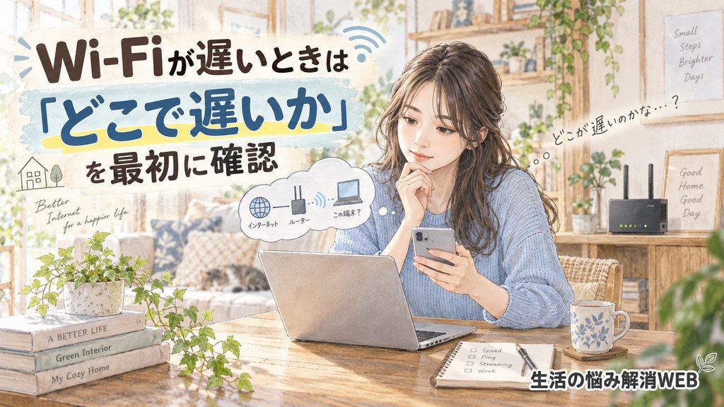 Wi-Fiが遅いときに、スマホとパソコンを使って通信が遅い場所や端末を確認する女性のイラスト