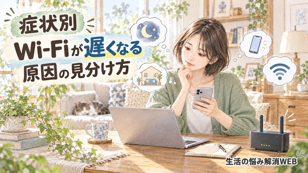 夜だけ遅い・特定の部屋だけ遅い・1台だけ遅いなど、Wi-Fiの症状別に原因を見分ける女性のイラスト