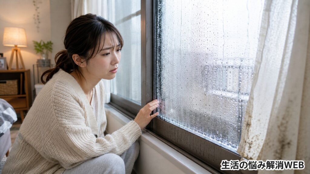 冬の室内で女性が結露で濡れた窓を見つめている様子