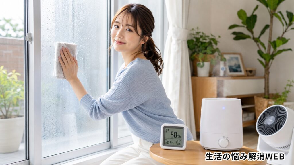 明るい部屋で女性がタオルで窓の結露を拭き取り、湿度計や加湿器を確認している様子