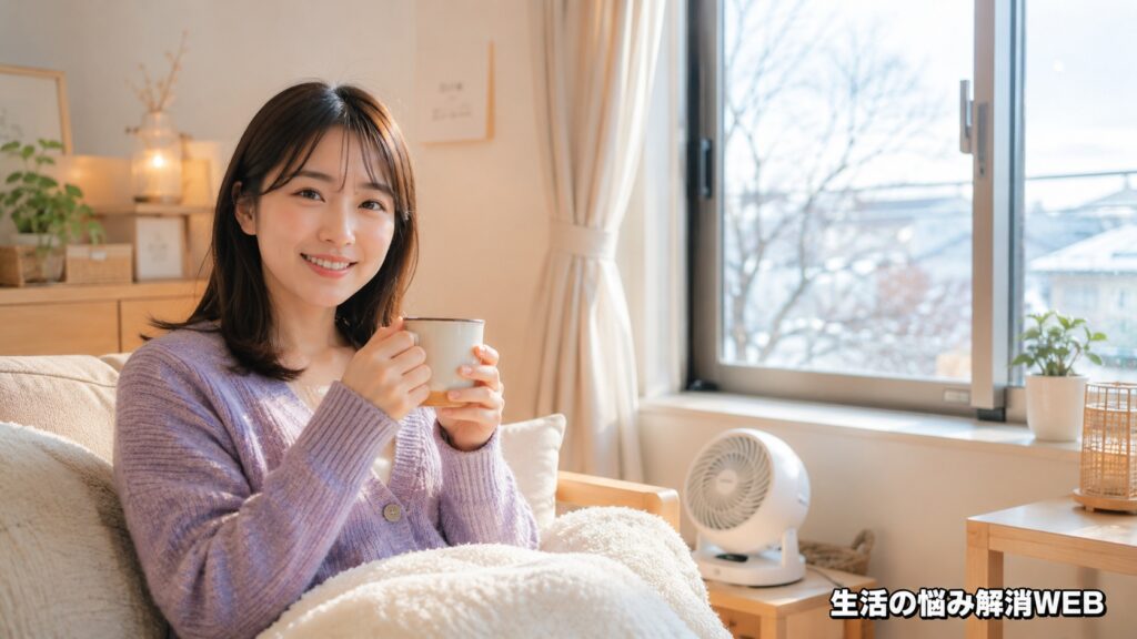 暖かな室内で女性が温かい飲み物を持ってくつろいでいる様子