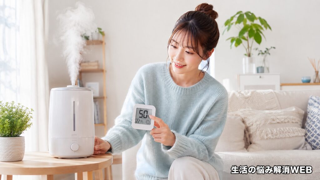 明るいリビングで女性が湿度計を確認しながら加湿器を調整している様子
