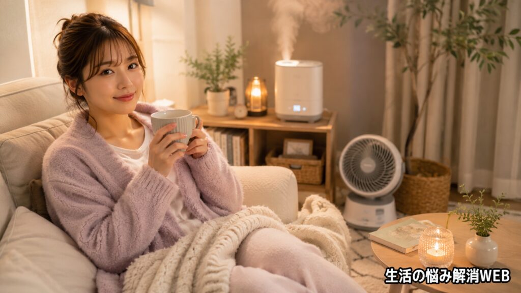 加湿器とサーキュレーターのある暖かいリビングで、女性がマグカップを持ってくつろいでいる様子