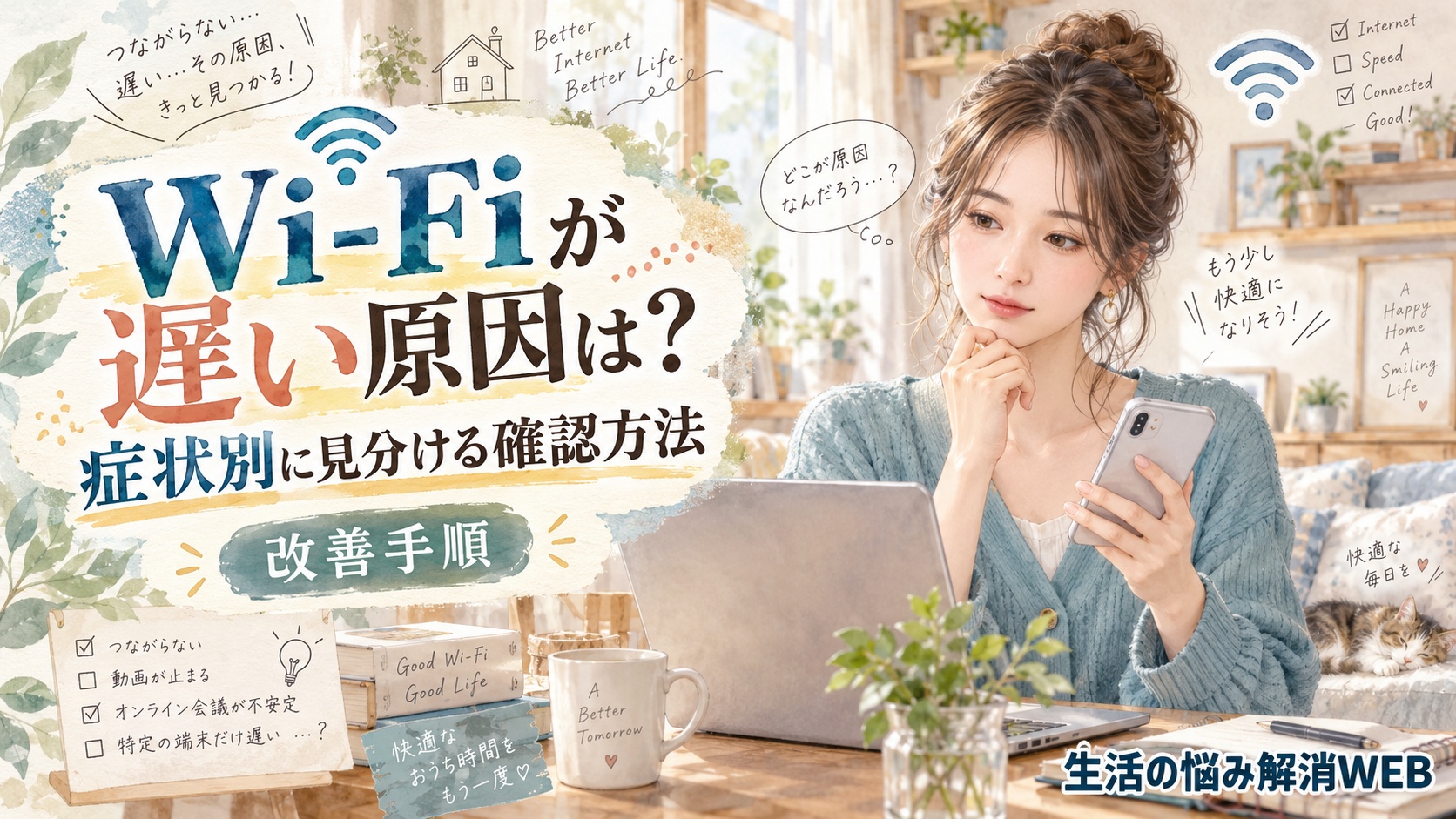 Wi-Fiが遅い原因を症状別に確認し、スマホとパソコンを使って改善方法を調べる女性のイラスト