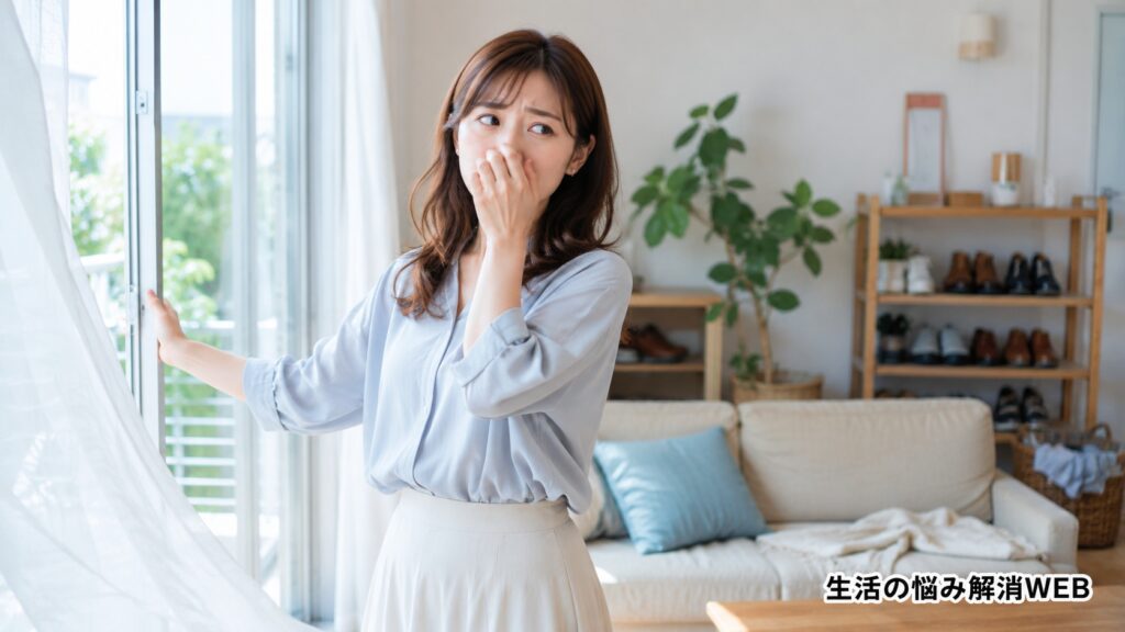 窓を開けながら気になるニオイに困った表情を見せる女性と、明るいリビングの様子