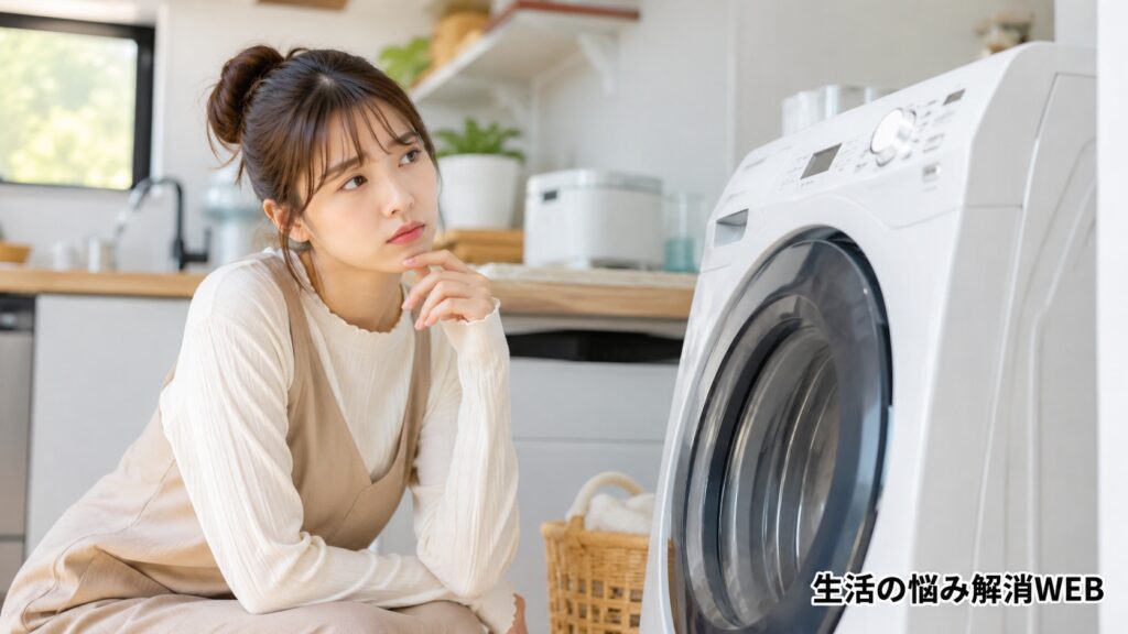 洗濯機の前で不具合を考えるように見つめる女性と、清潔感のある家事スペース