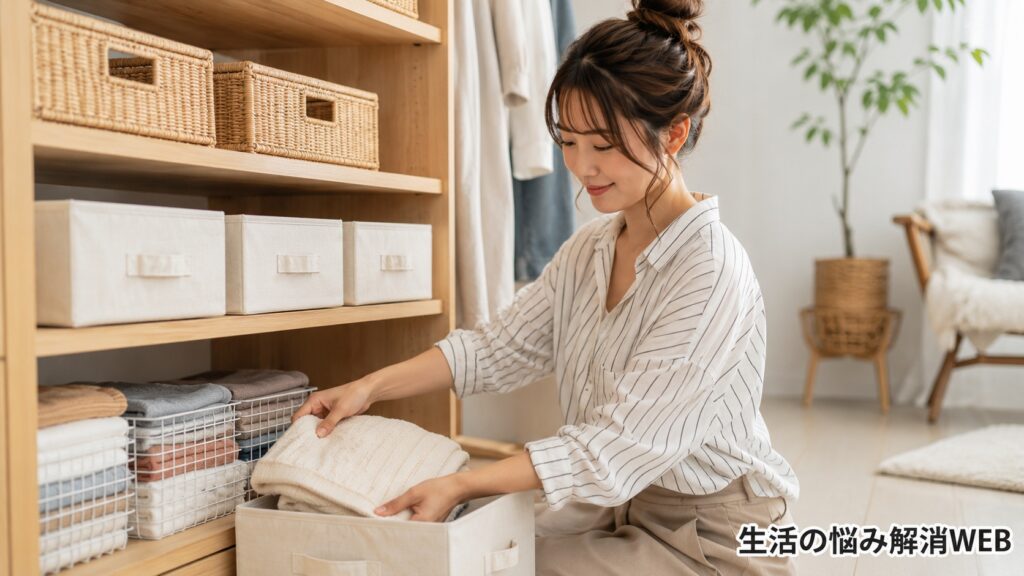 収納棚のボックスに衣類をしまいながら、きれいに整理整頓する女性の様子