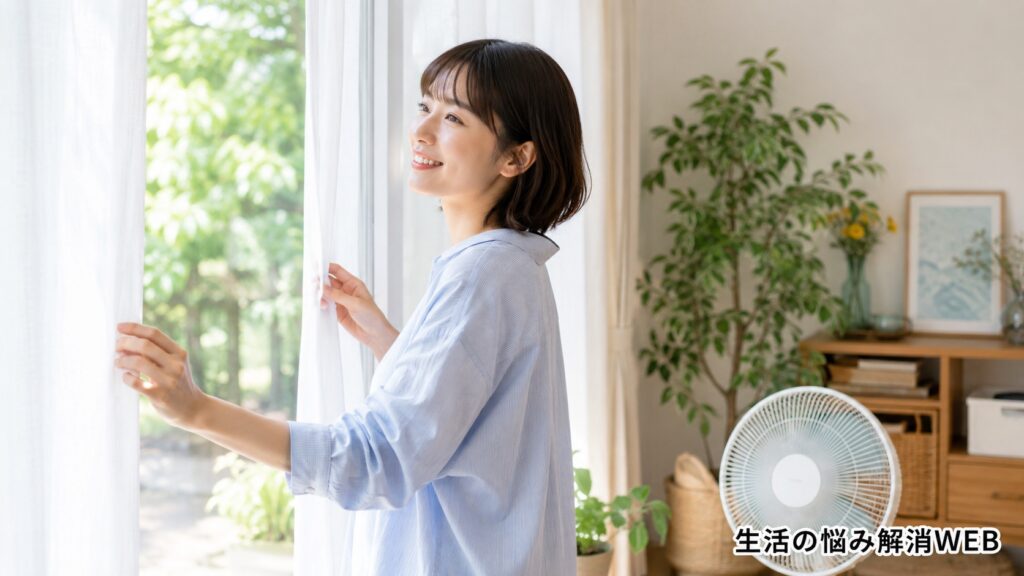 カーテンを開けて外の光と風を取り込み、季節の変化を感じる女性の室内風景